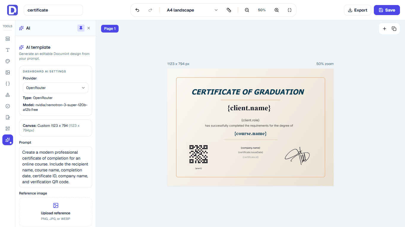 AI-generated template opened in Documint editor